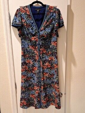 Maggy London - Navy Floral Button-Front Midi Dress Short Ruffle Sleeve - 12